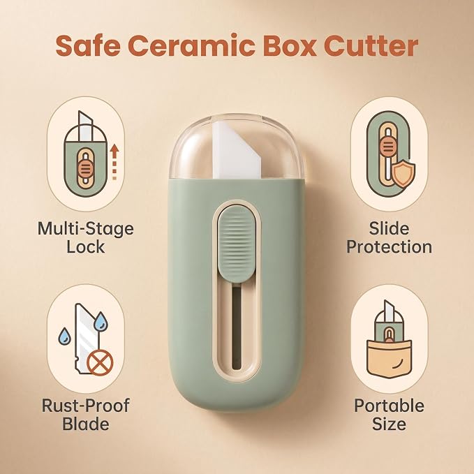 Ceramic Box Cutter, Mini Safety Box Opener with Retractable Blade, Cute Small Package Opener Tool for Home, Office & Warehouse Use (Green)