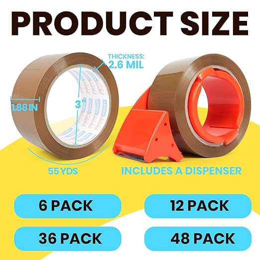 ADHES Brown Packing Tape with Dispenser, 1.88 Inch x 55 Yards, 36 Rolls Heavy Duty Shipping Tape for Moving Boxes, Packaging and Storage, Strong Adhesive