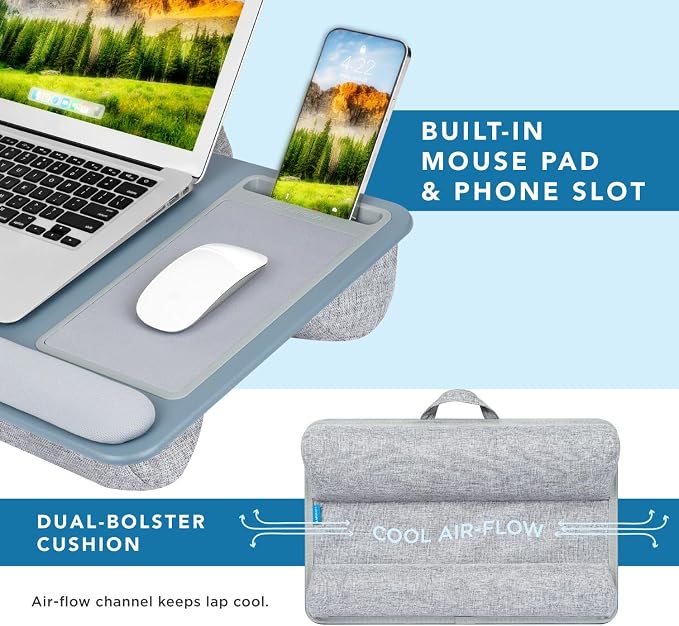 LAPGEAR Home Office Pro Lap Desk - Slate Blue, Fits 15.6” Laptops | Built-In Mouse Pad & Phone Slot, Wide Cushioned Wrist Rest, Dual-Bolster Microbead Cushion, Carry Handle