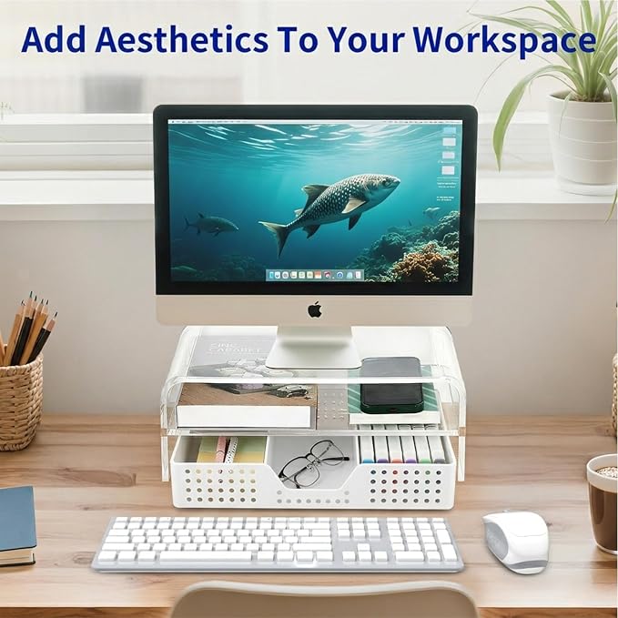 Desk Organizer and Accessories, 2-Tier Computer Monitor Stand Riser with Drawer and 2 Pen Holders, Laptop Stand, Office Desk Accessories for Office Supplies, 1 Pack, Transparent