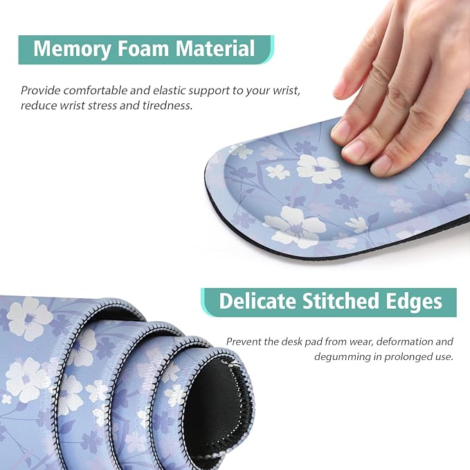 Large Mouse pad,4 in 1 Extended Keyboard Desk Mat with Wrist Rest,Non-Slip Desk Pad Protector Easy Typing Pain Relief for Home Office (Light Purple Flower)