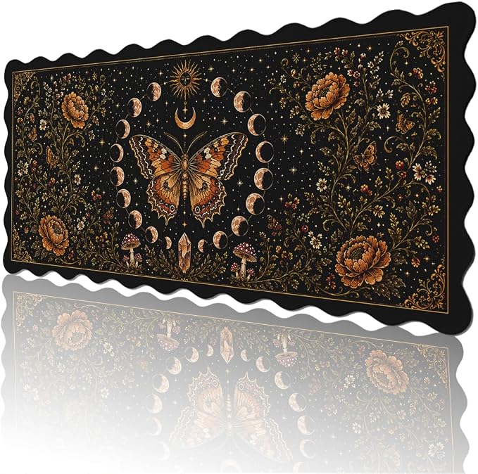 Celestial Butterfly Scalloped Desk Mat Gothic Black Gold Moon Phase Mousepad XL Large Gaming Mouse Pad Laptop Keyboard Mat Desk Pad Office Home Decor for Women Girl 31.5"x15.7"