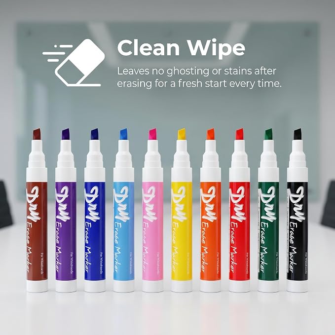Volcanics Dry Erase Markers, Chisel Tip, 10 Colors, 10 Pack, Low Odor | Whiteboard Markers, Dry Erase Pens, Easy Erase for Whiteboards, Glass, Calendars, Office, School, Home