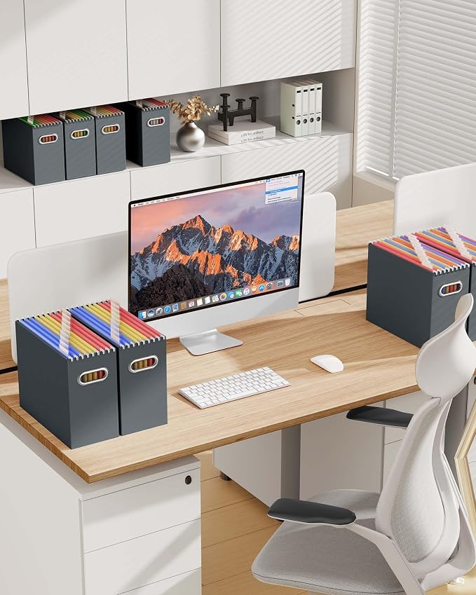 Portable Collapsible Cardboard File Box with Handle for Letter-Size | 6-Pack. Stainless Steel Handle. Label Stickers Included. Fits Letter Folders (Not Included). Home, Office, School, Dorm, Tax.