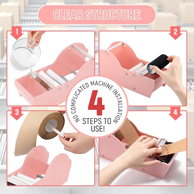Water-Activated Tape Dispenser, Manual Kraft Gum Tape Dispenser, Light Pink | Width Adjustable 1.18-3.15",Upgraded Stainless Steel Safety Blades, Light Weight & Portable Packing Tape Dispenser Set
