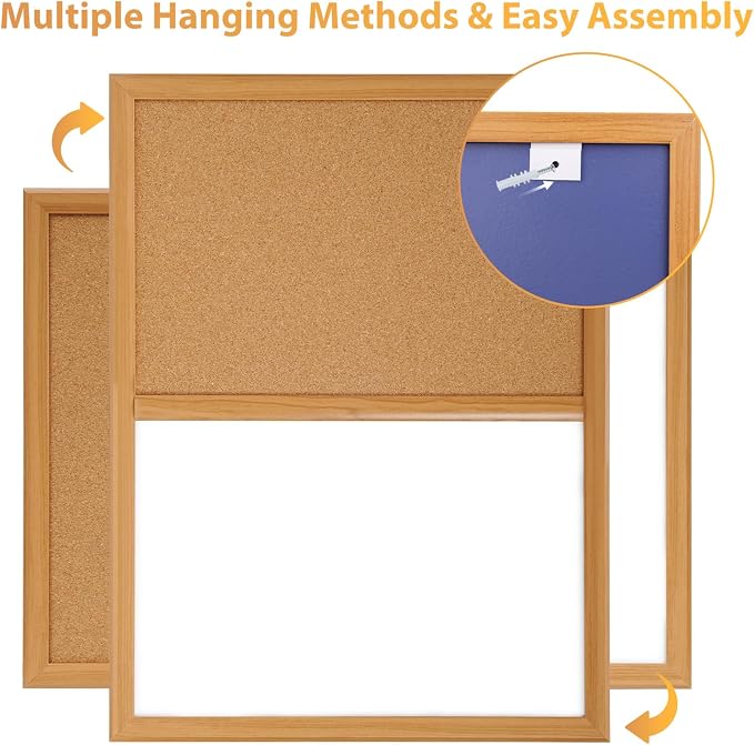 Cork Board White Board Combo with MDF Wood Frame | 24 x 18 Inch Bulletin Board, Magnetic Dry Erase Board & Corkboard for Wall, Vision Board for Home, Office, School
