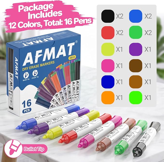 AFMAT Dry Erase Markers, 3x High Capacity, Liquid Bullet Tip Whiteboard Markers with Visible Ink Level, Low Odor Erasable Markers for Teachers, Classroom Essentials, Office Supplies[12 Colors,16 Pack]
