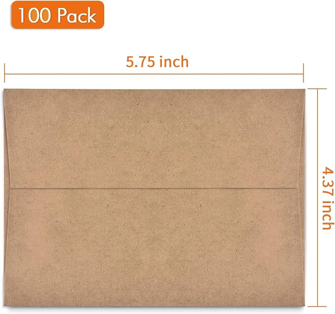 100 Pack, Size A2, Brown Kraft Paper Envelopes | Self Sealing Adhesive| Perfect for Weddings, RSVP, Invitations, Baby Shower,Greeting Cards,Announcements, Thank You Notes| 4.375 x5.75 Inches