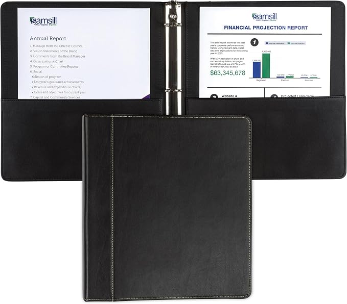 Samsill 1 Inch 3 Ring Binder, Leather, Black with Contrast Stitching, 8.5X 11 Inch, 3 Rings, Notebook Binder, Portfolio Organizer, Planner, Journal