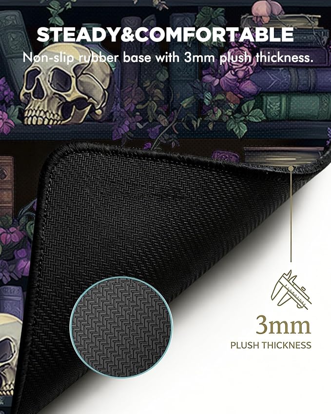 Mouse Pad, Desk Mat, 31.5x11.8in Large Mousepad, Skull Bookshelf | Desk Pad with Stitched Edge & Rubber Non-Slip Bottom, Gaming Mouse Pad, Extended Mousepad for Home, Office