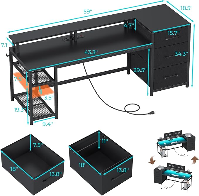SEDETA 59" Office Desk with Drawers, Reversible Computer Desk with File Drawers & Storage, Gaming Desk with LED Lights & Power Outlet, Home Office Desks for Printer, Black