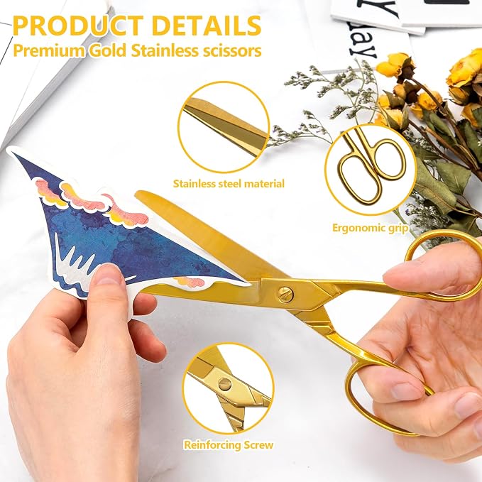 Gold Scissors for Office, Desk & Craft, 7 Inch Stainless Steel Heavy Duty Scissors - Sharp Fabric Shears, Decorative Vintage All-Purpose Scissors with Comfort Grip for Left/Right Hand, Gold Finish
