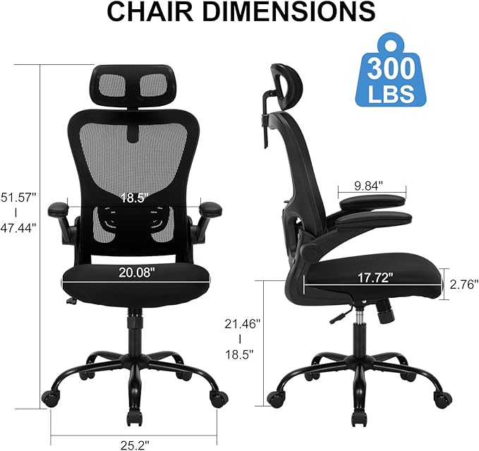 Office Chair Ergonomic Desk High Back Mesh Chair with Adjustable Lumbar Support & Headrest, Flip-Up Armrests, 300lbs Capacity Swivel Computer Chair for Home Office, Black