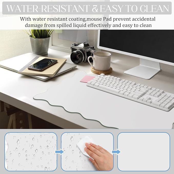 Hahafelt Scalloped Desk Mat Waterproof,White,31.5 X 15.8 Inches | Coquette Preppy Style for School Office Makeup Vanity, Nonslip Gaming Desktop Protector with Scalloped Stitched Edge Mat