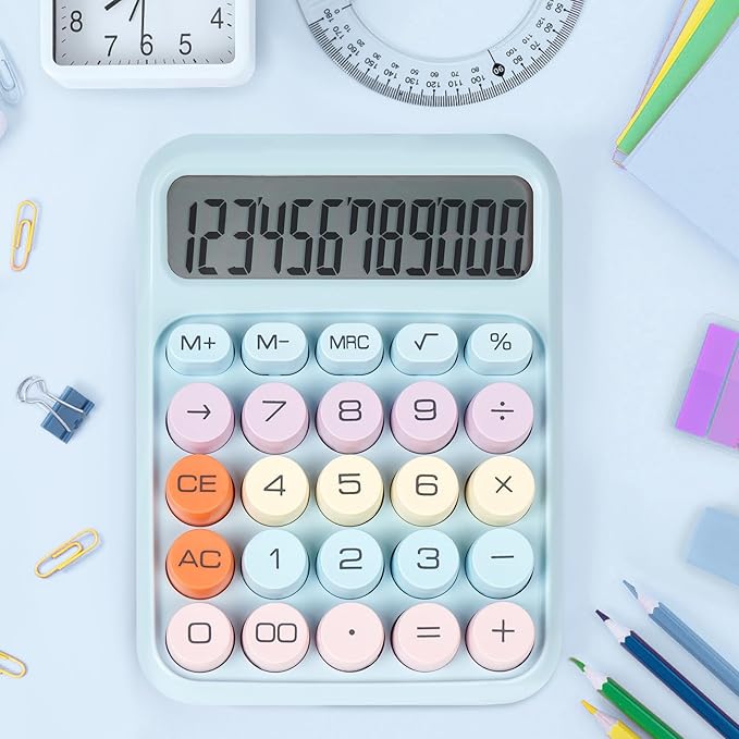 Mechanical Switch Calculator with Big Buttons, Calculators Desktop, 12 Digits, Large LCD Display, Desk Calculator, Cute Pink Calculators for Teachers Students Basic Office (Blue)