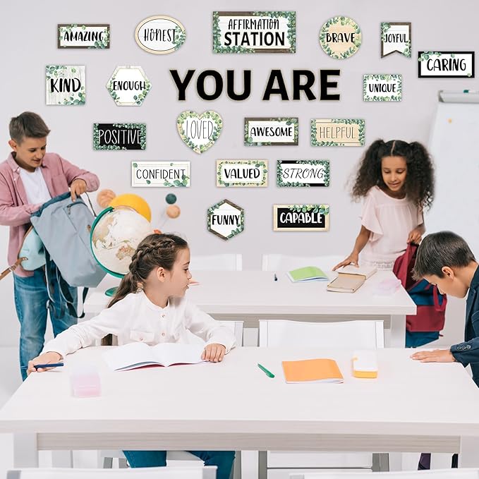 Eucalyptus Affirmation Station Bulletin Board Classroom Decorations Set Boho Greenery Growth Mindset Inspirational Bulletin Board Poster Positive Affirmations Accents Cutout for Teachers Wall Mirror