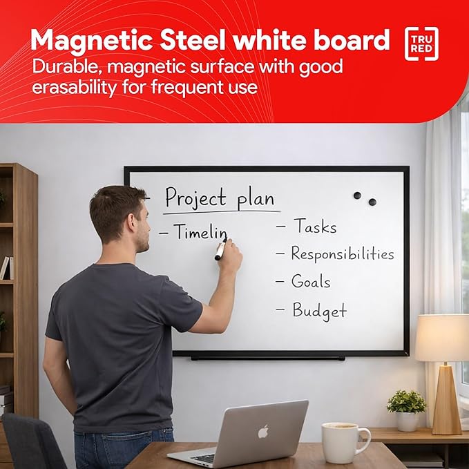 TRU RED Steel Magnetic Whiteboard | Dry Erase Board for Wall, White Board with Black Aluminum Frame, 3 ft x 2 ft