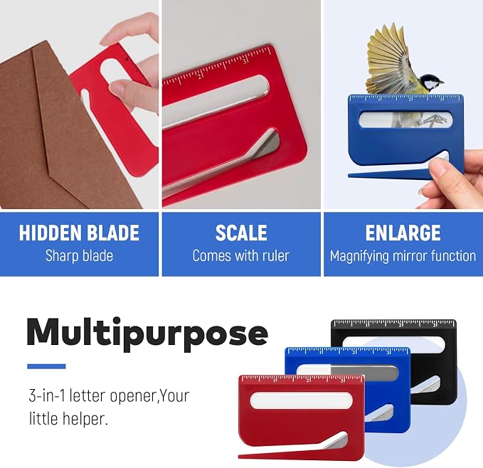 3 Pack Letter Opener Envelope Slitter, Credit Card Sized Mail Opener with Hidden Blade, Built in Ruler & Magnifier, Slim Envelope Cutter for Home Office Travel | Lightweight; safe; comes with a ruler and magnifying glass; smooth, comfortable surface; e...