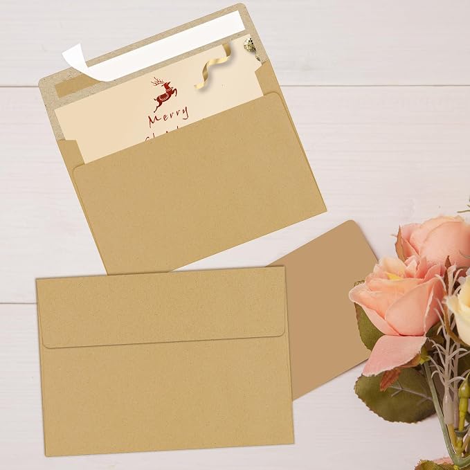 100 Packs 5x7 Kraft Envelopes, A7 Envelopes for Card Invitation | 120gsm envelopes, 5.25x7.25 inch fits 5x7 cards, peel & press, for weddings/cards/baby shower/photos/graduation/postcards