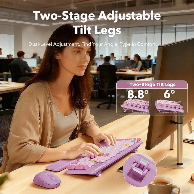 Wireless Keyboard and Mouse Combo, Round Keycaps, Full-Size Retro Typewriter Keyboard with Magnetic Wrist Rest, Tilt Legs, 2.4GHz Cordless Connection for Mac/Windows/PC, SABLUTE CK23, Lavender Purple | Full-Size Typewriter-Style Keyboard, Tilt Legs, 2....