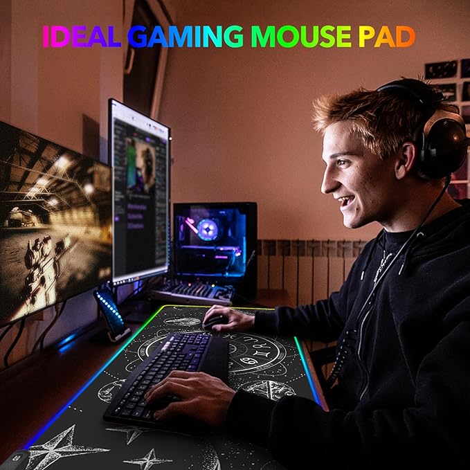 AIMSA RGB LED Gaming Mouse Pad, 14 Modes Glow Pad, Extra Large Gaming Mousepad, 35.4 x 15.8 inch Extended Big Waterproof Keyboard Mouse Pad Mat, Black Cosmic Constellation Magic