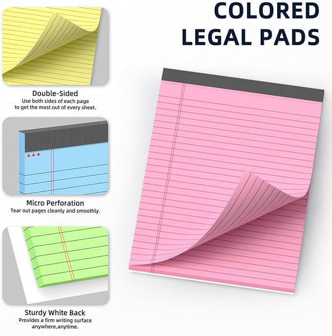 24 Pack Colored Legal Pads 8.5 x 11 Wide Ruled Note Pads 8.5 x 11 Notepads | Writing Pads with Sturdy White Back, 30 Sheets Per Notepad, Multicolor PerforatedLined Paper for Home School Office Supplies