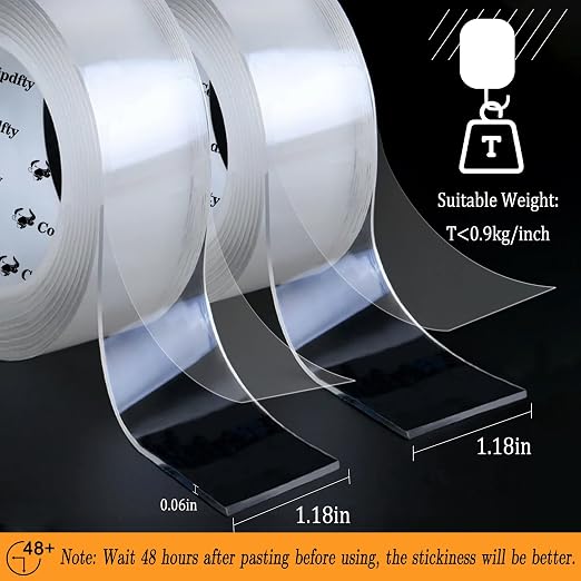Double Sided Tape Heavy Duty for Wall Decor No Damage to Paint,Clear Removable Mounting Tape,Nano Two Sided Adhesive Tape,Picture Hanging Strips for Posters,Stickers - 3Rolls,Total(1.18in*20FT)