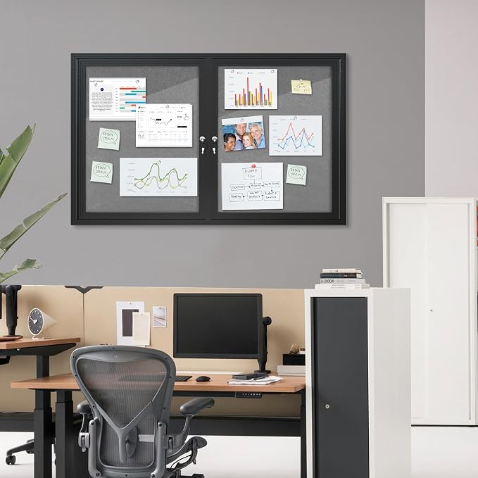 Mifuro 48"x30" Enclosed Bulletin Board, Outdoor Lockable Weather-Resistant Aluminum Cork Noticeboard for School & Office, Black Frame w/Grey Flet