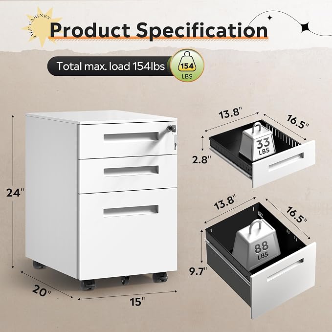 DEVAISE 3 Drawer File Cabinet with Lock, Fully Assembled Except Casters | Under Desk Metal Filing Cabinet with Wheels for Home Office, Printer Stand fits Letter/Legal/A4 Size, White