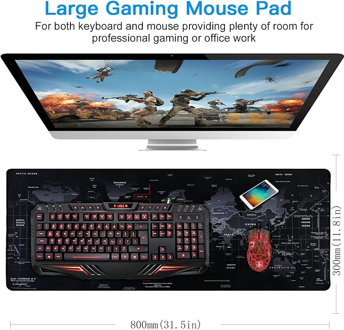 Gaming Mouse Pad,Hosimoln Large Mouse Pad Size 31.5x11.8 Thickness 0.1inches,Premium-Textured Non-Slip & Waterproof Computer Mousepad with Stitched Edges for Gaming, Office & Home-80x30 Map002