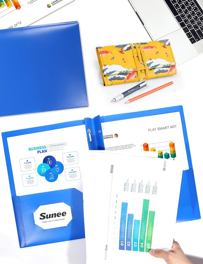 SUNEE 12-Pack Blue Plastic Folders with Pockets and Prongs, Letter Size, 9 x 11.5 in