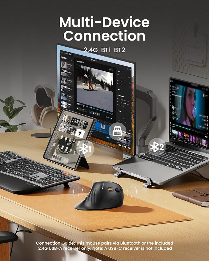 ProtoArc EM11 NL Wireless Ergonomic Vertical Mouse, Rechargeable, Black | 58° vertical design supports a natural wrist posture, connect 3 devices via Bluetooth/2.4G USB-A, 500mAh USB-C rechargeable.