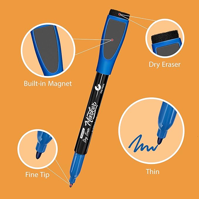 Scribbledo Magnetic Dry Erase Markers Fine Tip, Assorted Colors, Low-Odor Whiteboard Markers with Eraser Cap for Office, Workplace, Medical & Professional Use (12 Pack)