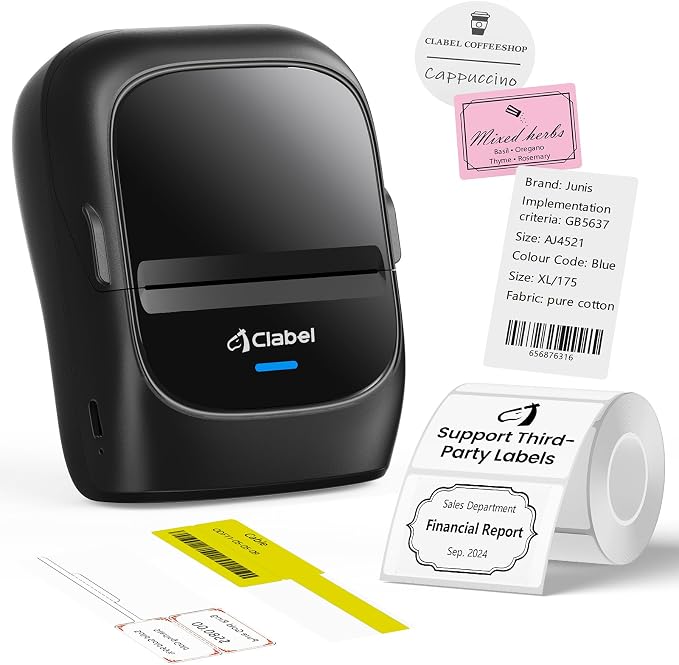 CLABEL 221B 2" Bluetooth Thermal Label Printer with 1 Label Roll, Black | Portable Inkless Barcode Maker, Compatible with iOS and Android, Ideal for Small Business, Retail, Office and Home