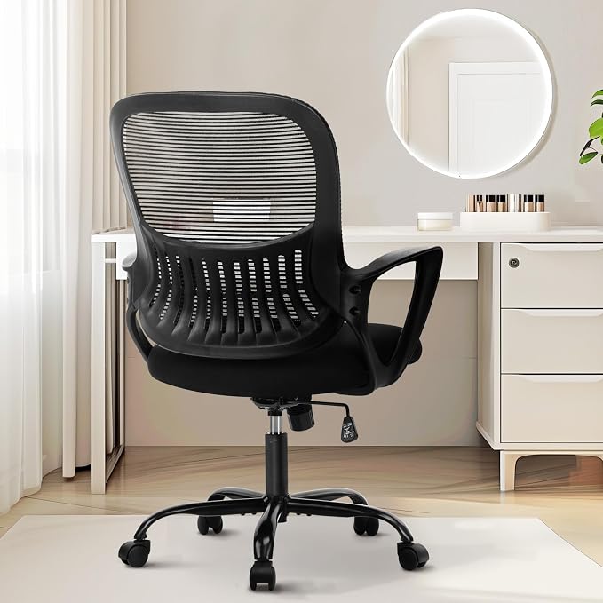 Sweetcrispy Home Office Managerial Executive Chair with Ergonomic Design | Mid-Back Mesh 360° Swivel, Comfortable Lumbar Support, Comfy Arms for Bedroom,Study,Student, Black