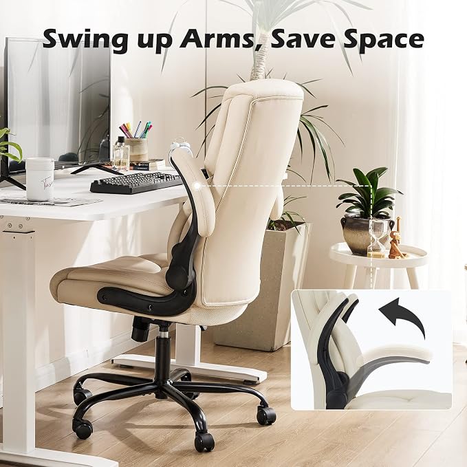 DUMOS Leather Office Chair, Computer Desk Chair, Lumbar Support | Adjustable Flip-Up Armrest, Swivel Rolling Wheels, Strong Metal Base, Cream White