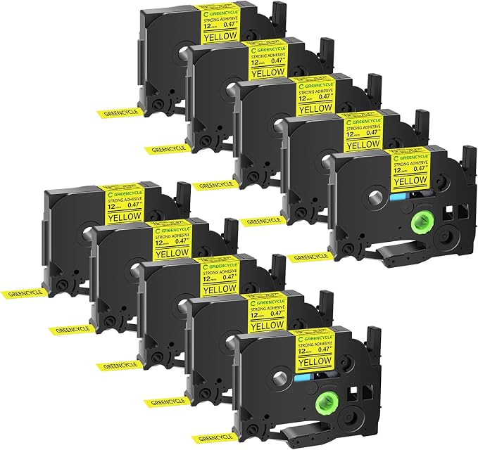 GREENCYCLE Extra Strength Label Tape TZe-S631 12mm 0.47" Laminated Yellow Compatible for Brother P-touch TZeS631 TZ-S631 TZe TZ 1/2 inch Black on Yellow Label Tape for PT-D200 PT-D210 PT-D220, 10 Pack