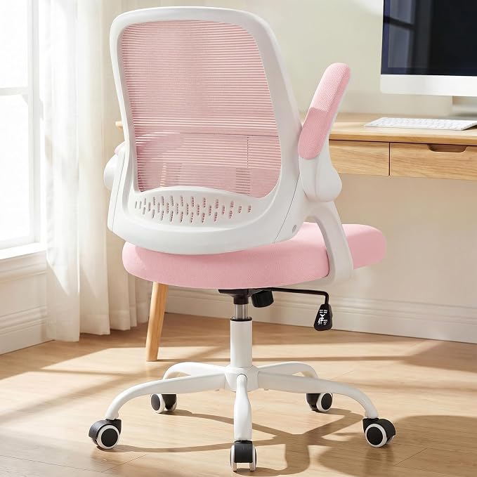 NEO CHAIR Office Computer Chair Ergonomic Mesh Back Flip-Up Arms, Pink | Lumbar Support, Smooth-Rolling Casters, Height Adjustable Seat, Comfortable Seating for Office, Study and Computer Work
