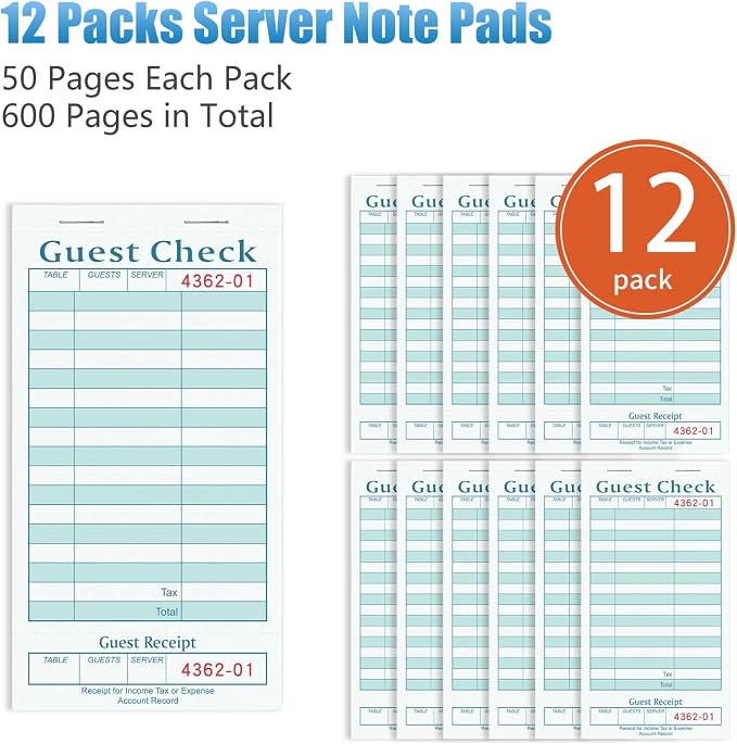 ZPARIK 12 Pack Guest Checks Books for Servers Server Note Pads Blue & White | 12 Pack Guest Checks with 50 Sheets Per Book, Waiter Checkbook, Waitress Notepad for Restaurants, Perfect for Servers