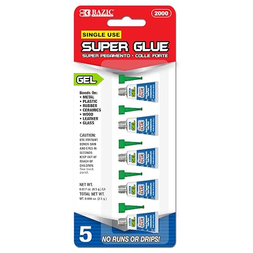 BAZIC Products Single-Use Super Glue Gel, 0.017 oz, 5 Count, 24-Box | Dries clear, Single-use super glue gel tubes, 0.017 oz each, Bonds metal, Plastic, Wood, Ceramic, Glass in seconds