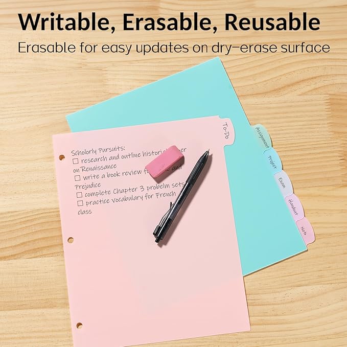 Sooez 8 Tabs Plastic Write & Erase Binder Dividers with Tabs, 3 Sets | Long-Lasting Dividers for 3 Ring Binder, Cute Pastels Binder Dividers Organizers for Student, Teacher, Office, Muted