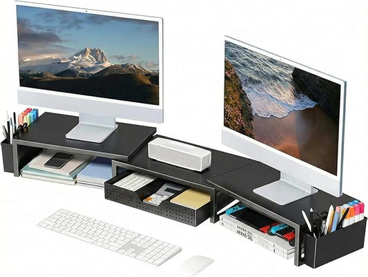 Desk Organizers and Accessories, Dual Monitor Stand Riser with Drawer and 2 Pen Holders, Desk Shelf Computer Racks for Office Workspace Organizers, Desktop Organization (Black)