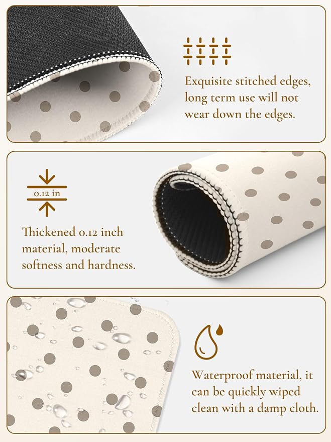 Square Cute Dots Mouse Pad with Stitched Edge, Premium Waterproof Cloth Aesthetic Small Dot Mouse Mat, Non-Slip Rubber Base Funny Mousepad Desk Accessories,Dots Khaki Beige