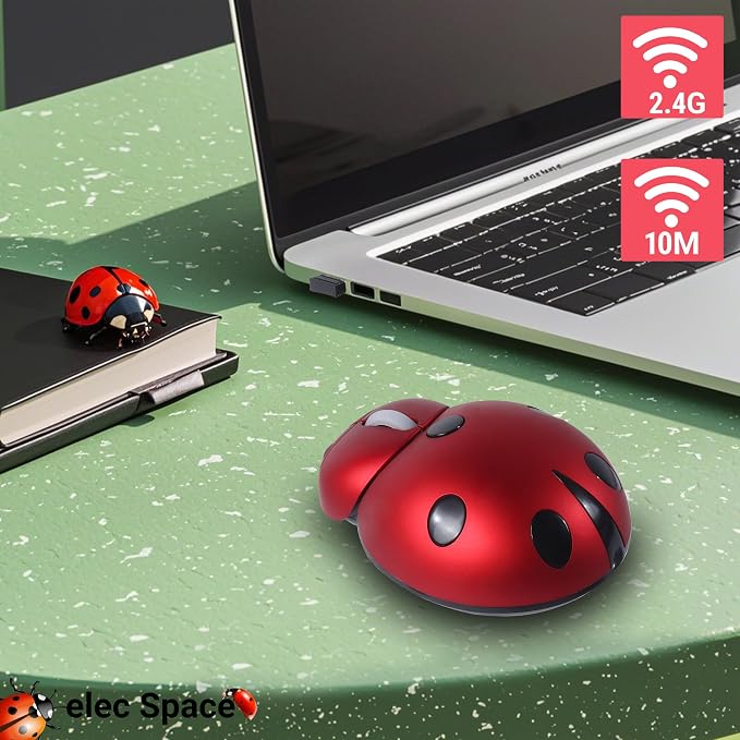 elec Space Mini Small Wireless Mouse for Kids, Cute Animal Ladybug Shape 3000DPI Portable Mobile Optical Mouse with USB Receiver Cordless Mouse for PC Mac Laptop Computer Notebook (Red)