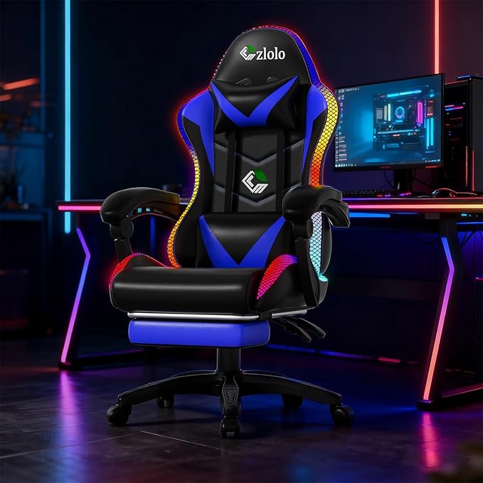 Gaming Chair, RGB LED Lights Computer Chair with Footrest, Lumbar Support Massager Gamer Chair, High Back, 90-135° Reclining, Linkage Armrests, Blue