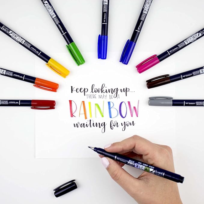 Tombow 56429 Fudenosuke Colors Brush Pens, 10-Pack. Hard Tip Fudenosuke Brush Pens in Assorted Colors for Calligraphy and Art Drawings