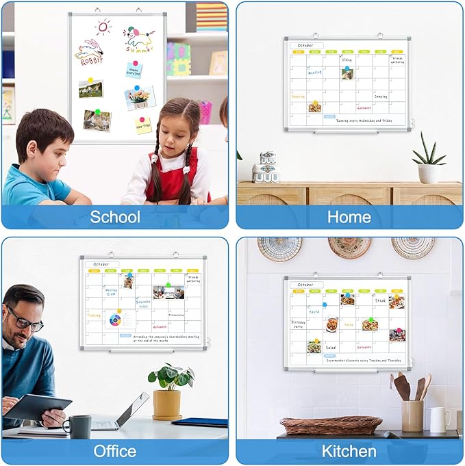 Dry Erase Calendar Whiteboard for Wall, 36" x 24" Monthly White Board | Double-Sided Magnetic, Silver Aluminum Frame, Hang Wall Mount, Portable Board for Home, Office, School