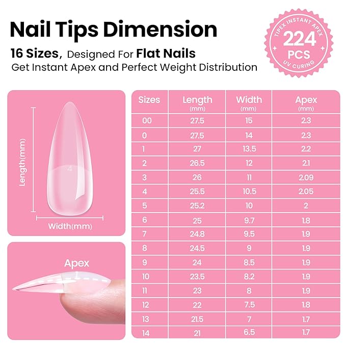 Beetles Tipex Instant Apex Nail Tips Kit with Dehydrator & Primer, Medium Stiletto, 224PCS 16 Sizes, Reinforced Apex for Strong Long-Lasting Wear, 20g Solid Nail Glue, Mini UV Lamp, Base & Top Coat