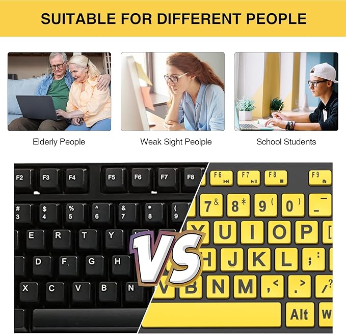 SABLUTE Large Print Keyboard Wired Computer Keyboards with Wrist Rest, Phone Holder, Big Letters Easy to Read Compatible Windows, Desktop, Laptop, Yellow