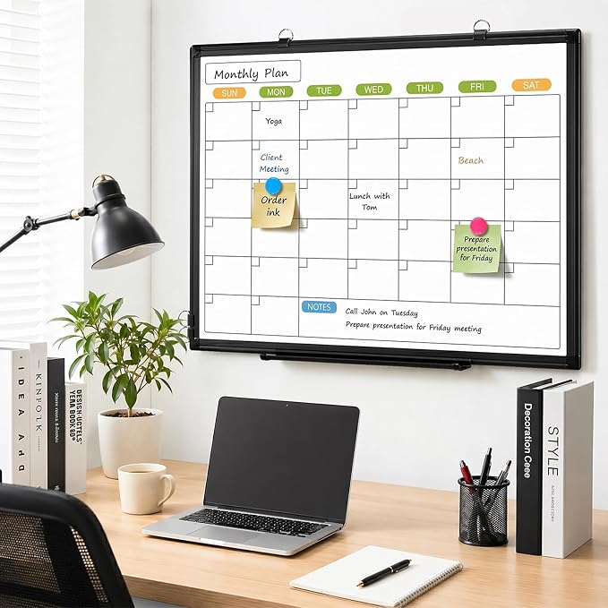 White Board Calendar 36 x 24 Monthly Whiteboard Dry Erase Calendar | Double-Sided Magnetic Calendar, Wall Planning Board with Marker Kits for Home, School, Office